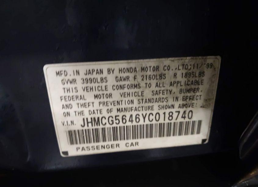 Photo 9 of 2000 Honda Accord 2.3 LX (VIN JHMCG5646YC018740)