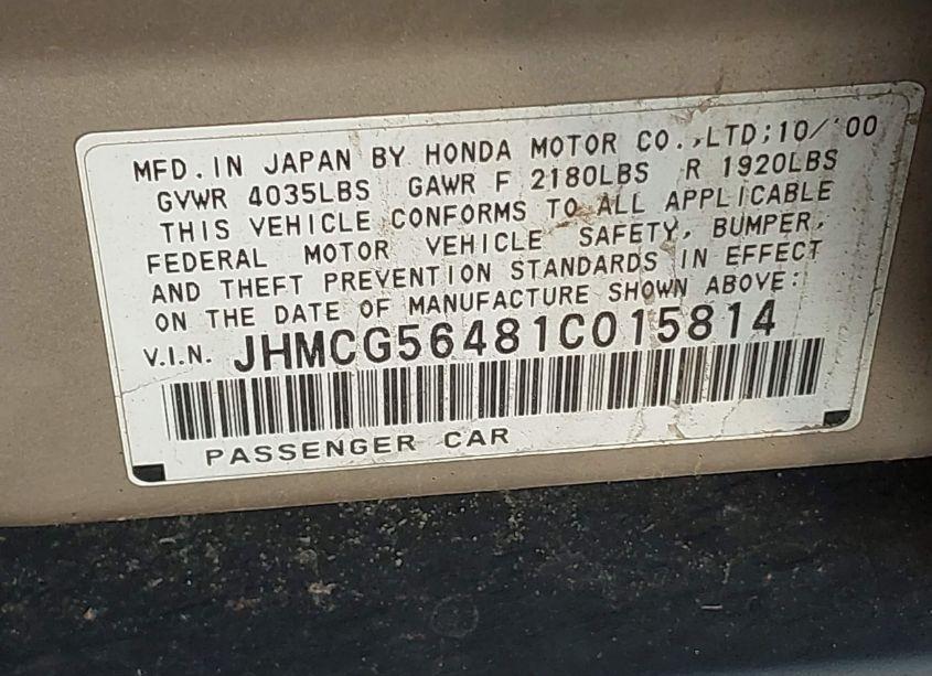 Photo 9 of 2001 Honda Accord 2.3 LX (VIN JHMCG56481C015814)