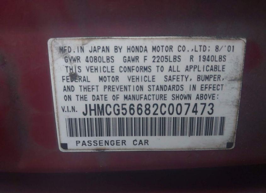 Photo 9 of 2002 Honda Accord 2.3 EX (VIN JHMCG56682C007473)