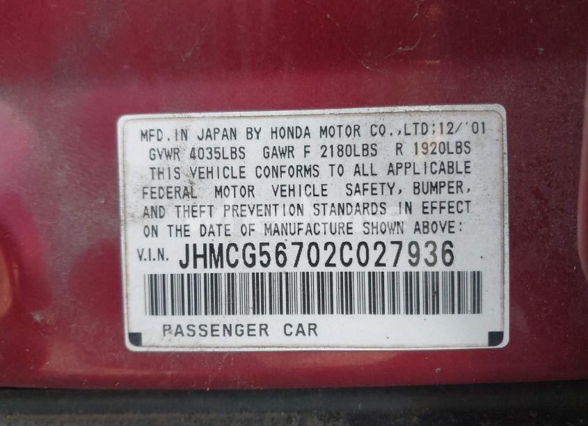 Photo 9 of 2002 Honda Accord 2.3 SE (VIN JHMCG56702C027936)