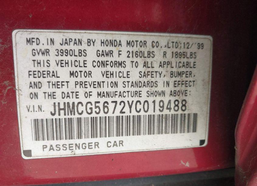 Photo 9 of 2000 Honda Accord 2.3 SE (VIN JHMCG5672YC019488)