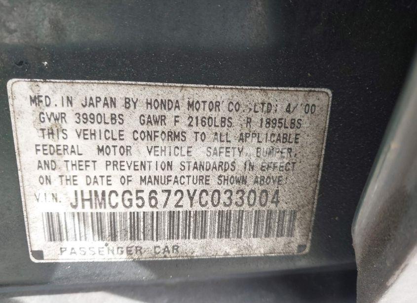 Photo 9 of 2000 Honda Accord 2.3 SE (VIN JHMCG5672YC033004)
