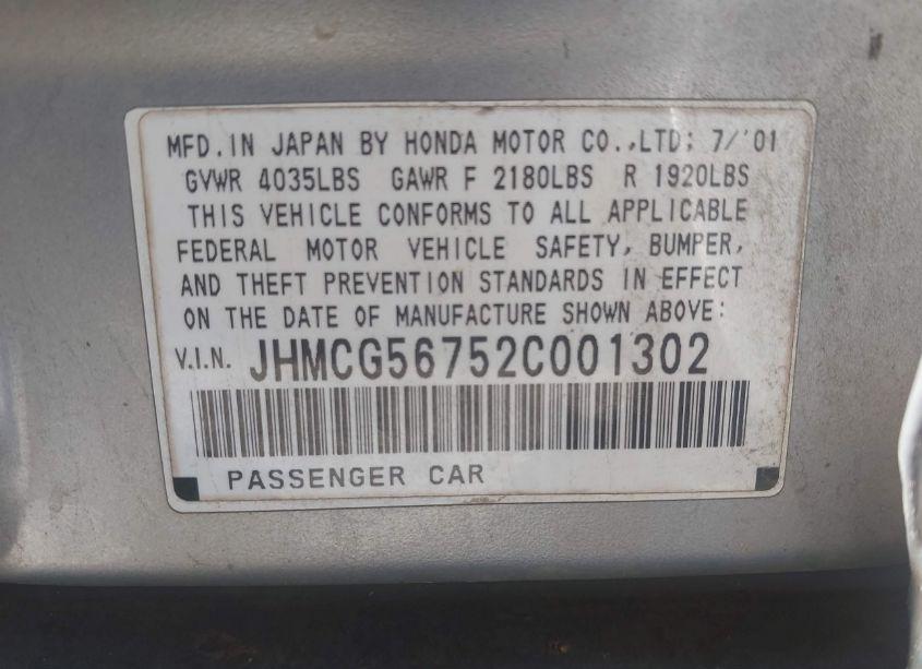 Photo 9 of 2002 Honda Accord 2.3 SE (VIN JHMCG56752C001302)