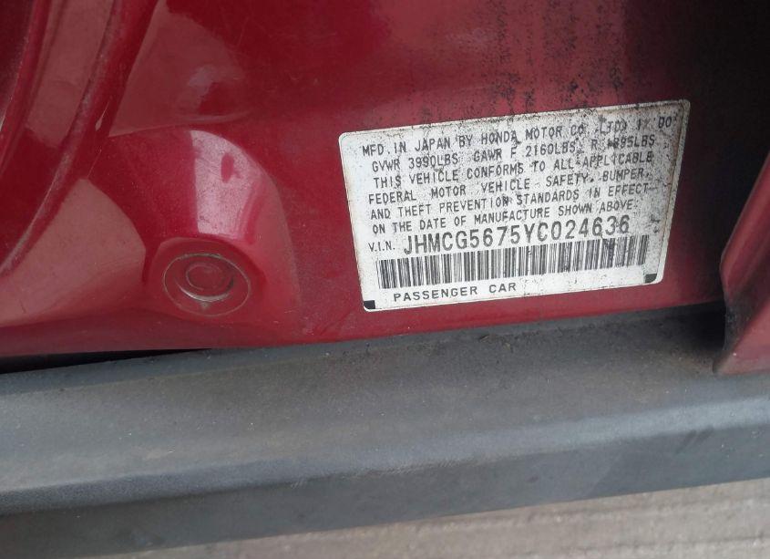 Photo 9 of 2000 Honda Accord 2.3 SE (VIN JHMCG5675YC024636)