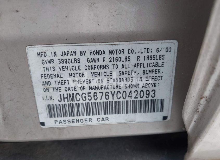 Photo 9 of 2000 Honda Accord SDN (VIN JHMCG5676YC042093)
