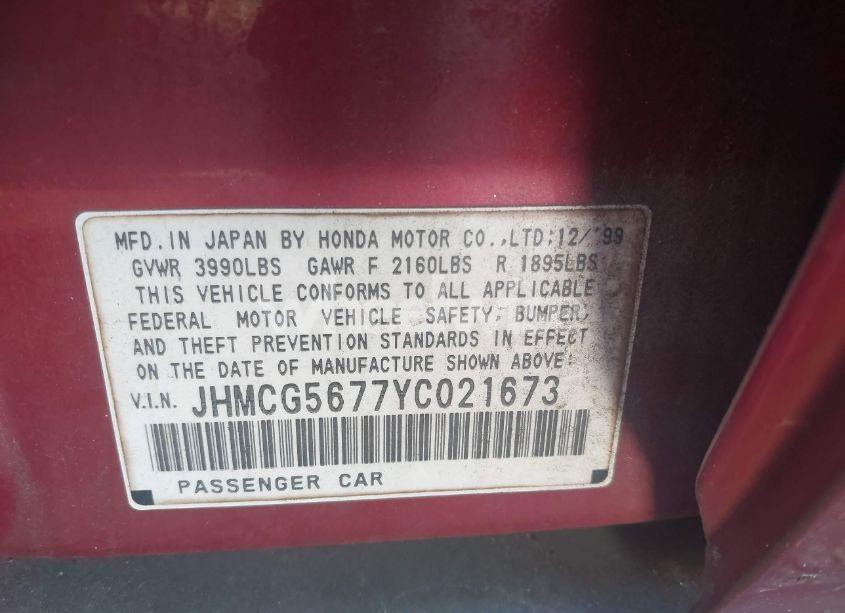 Photo 9 of 2000 Honda Accord 2.3 SE (VIN JHMCG5677YC021673)