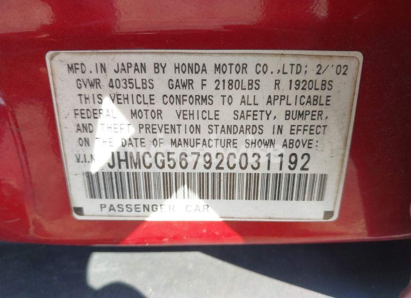 Photo 9 of 2002 Honda Accord 2.3 SE (VIN JHMCG56792C031192)