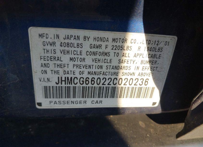 Photo 9 of 2002 Honda Accord 2.3 EX (VIN JHMCG66022C020236)