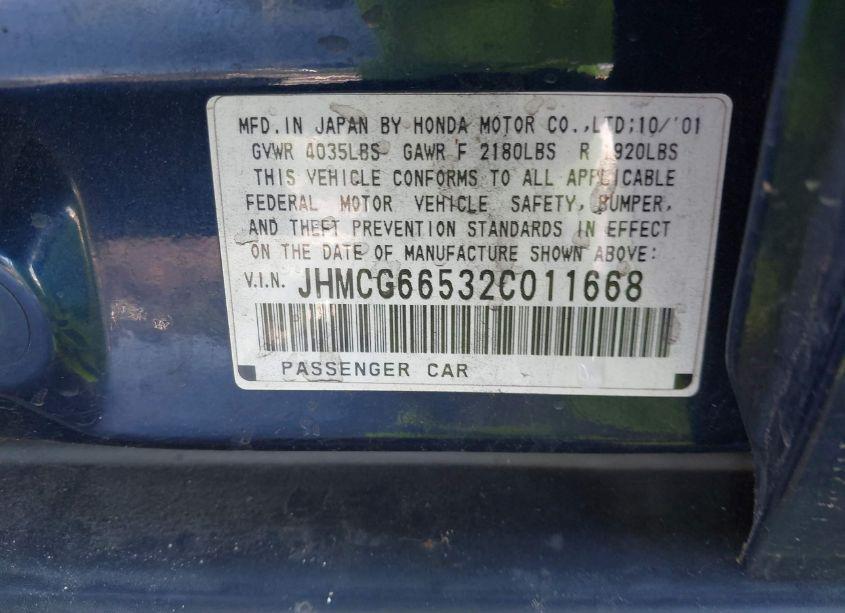 Photo 9 of 2002 Honda Accord 2.3 LX (VIN JHMCG66532C011668)