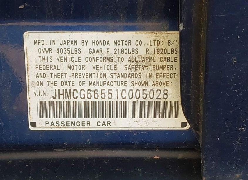 Photo 9 of 2001 Honda Accord 2.3 LX (VIN JHMCG66551C005028)