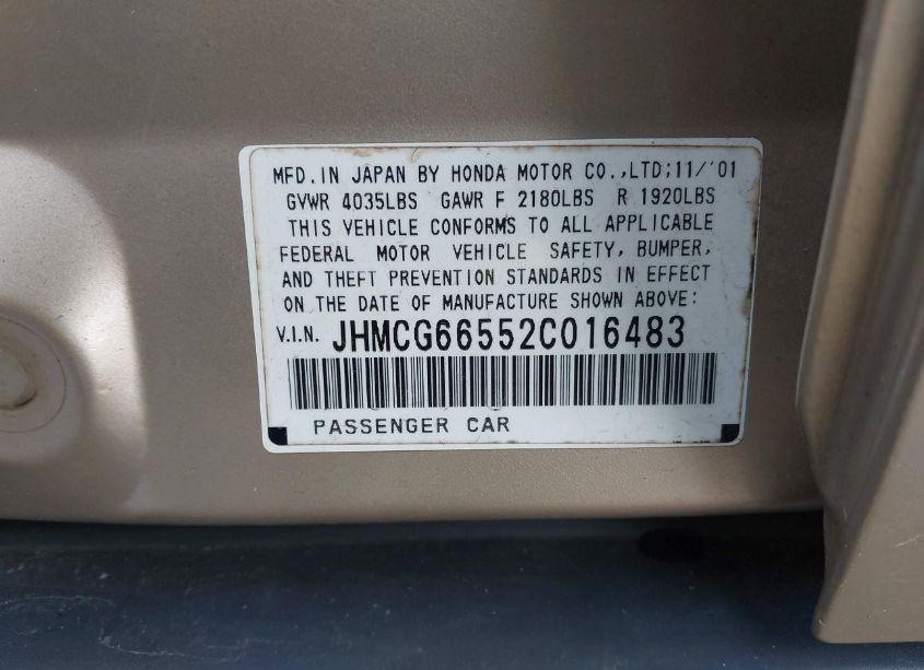 Photo 9 of 2002 Honda Accord 2.3 LX (VIN JHMCG66552C016483)