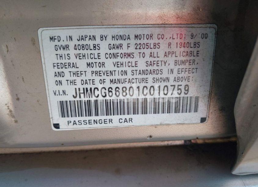Photo 9 of 2001 Honda Accord 2.3 EX (VIN JHMCG66801C010759)