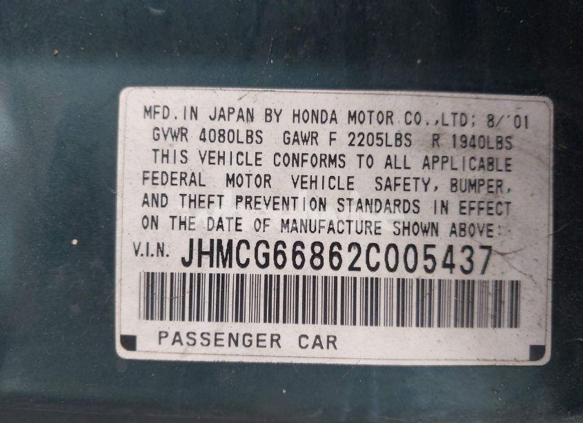 Photo 9 of 2002 Honda Accord 2.3 EX/2.3 SE (VIN JHMCG66862C005437)