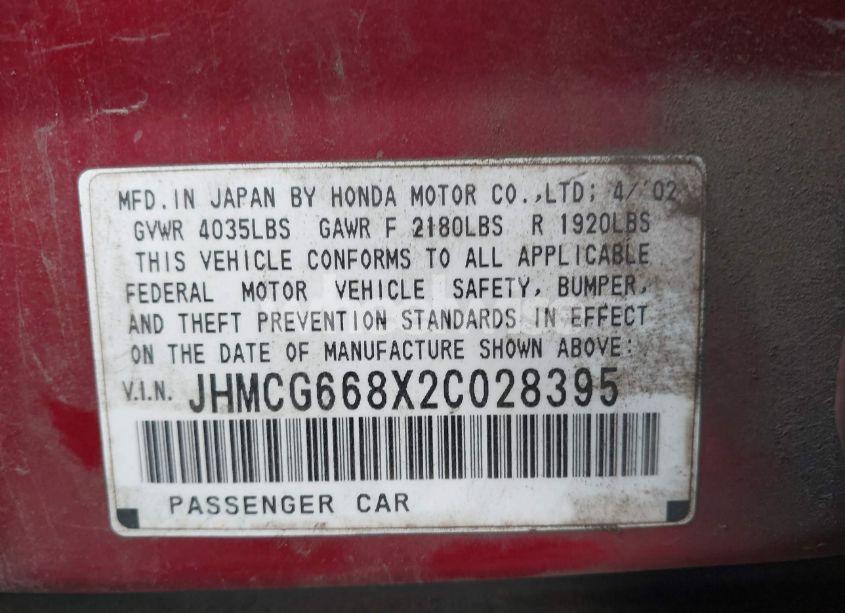 Photo 9 of 2002 Honda Accord 2.3 EX/2.3 SE (VIN JHMCG668X2C028395)