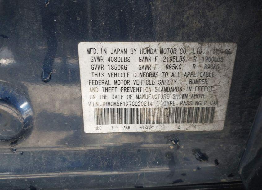 Photo 9 of 2007 Honda Accord 2.4 VP (VIN JHMCM561X7C020214)