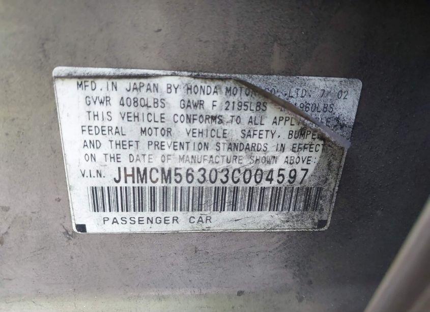 Photo 9 of 2003 Honda Accord 2.4 LX (VIN JHMCM56303C004597)