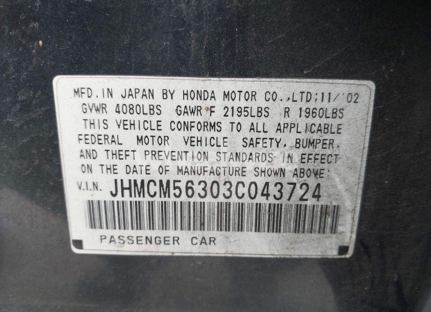 Photo 9 of 2003 Honda Accord 2.4 LX (VIN JHMCM56303C043724)