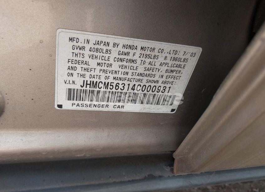 Photo 9 of 2004 Honda Accord 2.4 LX (VIN JHMCM56314C000981)