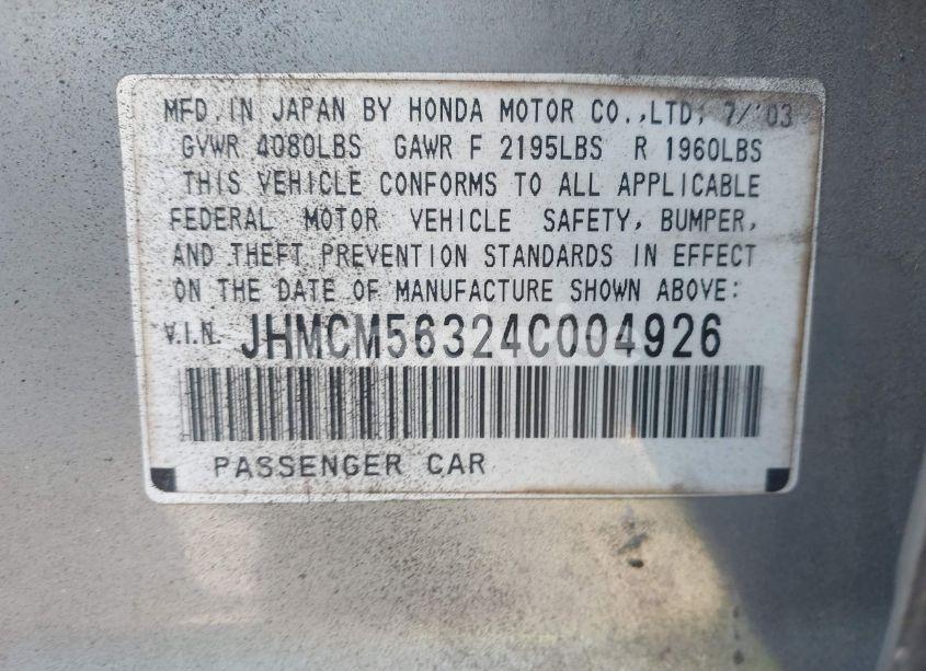 Photo 9 of 2004 Honda Accord 2.4 LX (VIN JHMCM56324C004926)