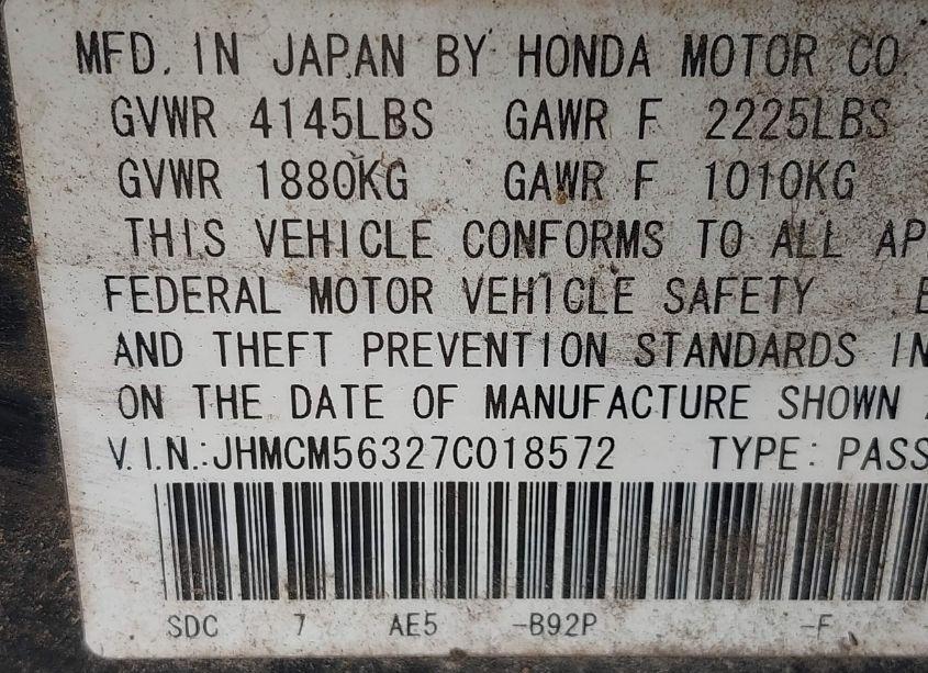 Photo 9 of 2007 Honda Accord 2.4 SE (VIN JHMCM56327C018572)