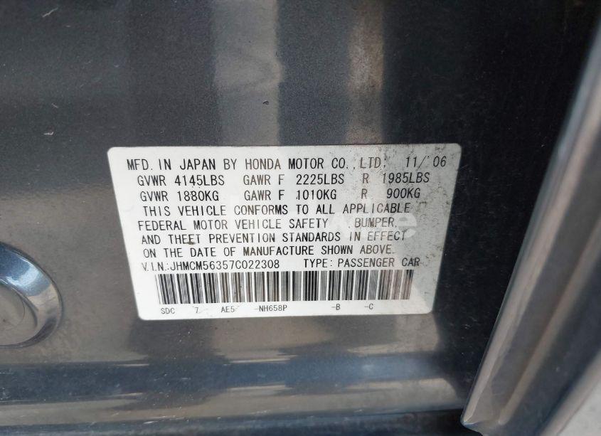 Photo 9 of 2007 Honda Accord 2.4 SE (VIN JHMCM56357C022308)