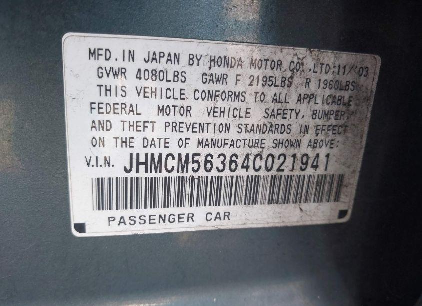 Photo 9 of 2004 Honda Accord 2.4 LX (VIN JHMCM56364C021941)