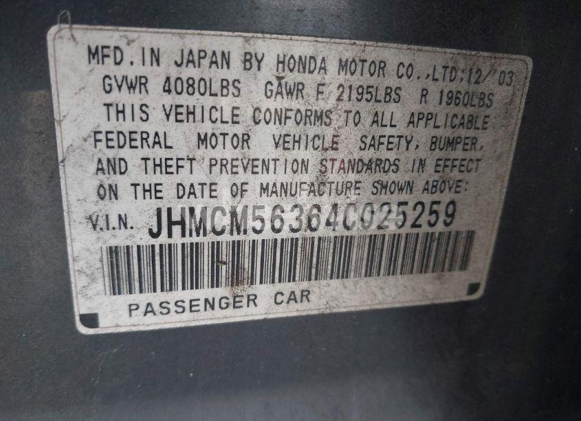Photo 9 of 2004 Honda Accord 2.4 LX (VIN JHMCM56364C025259)