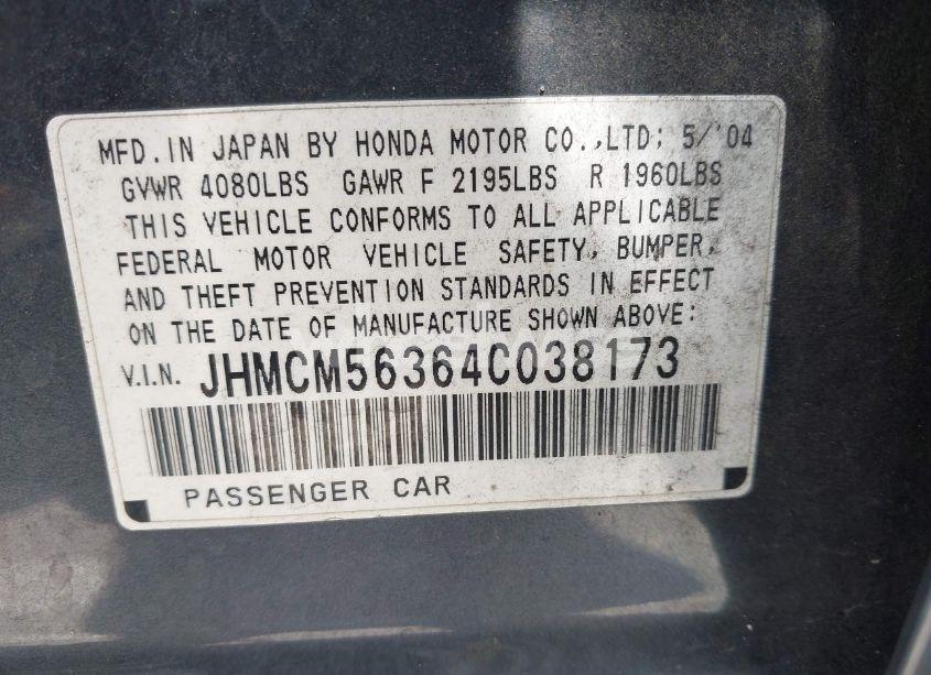 Photo 9 of 2004 Honda Accord 2.4 LX (VIN JHMCM56364C038173)