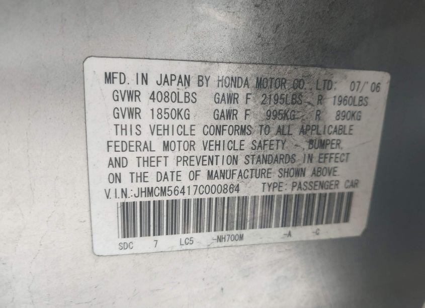 Photo 9 of 2007 Honda Accord 2.4 LX (VIN JHMCM56417C000864)