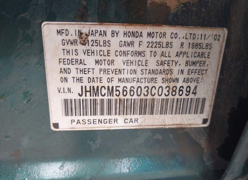 Photo 9 of 2003 Honda Accord 2.4 EX (VIN JHMCM56603C038694)