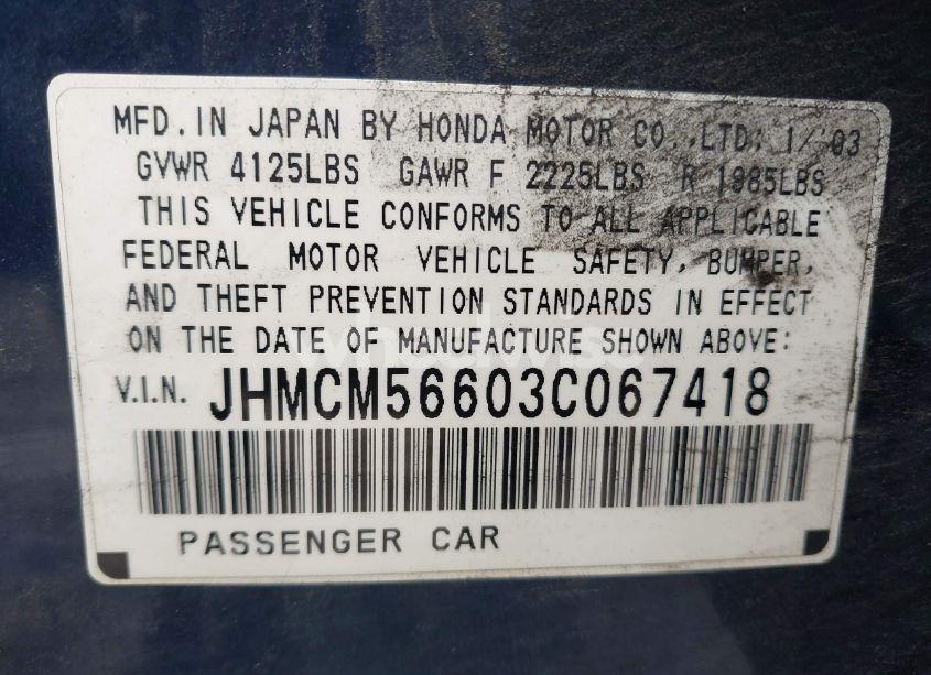 Photo 9 of 2003 Honda Accord 2.4 EX (VIN JHMCM56603C067418)