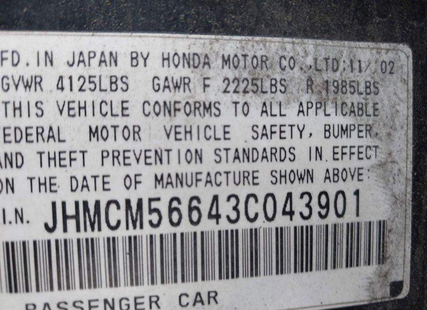 Photo 9 of 2003 Honda Accord 2.4 EX (VIN JHMCM56643C043901)