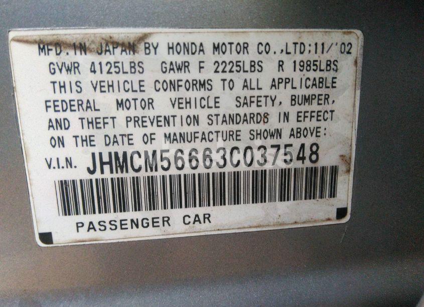 Photo 9 of 2003 Honda Accord 2.4 EX (VIN JHMCM56663C037548)
