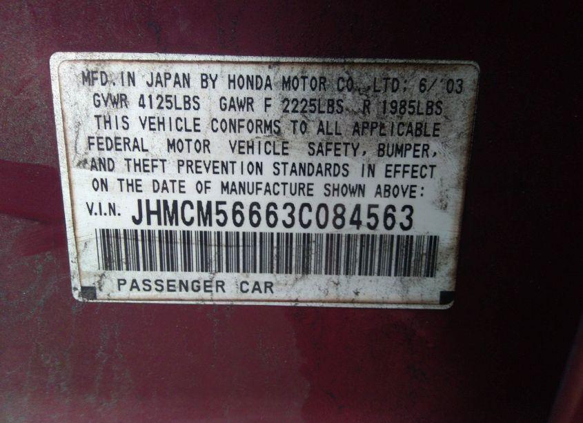 Photo 9 of 2003 Honda Accord 2.4 EX (VIN JHMCM56663C084563)