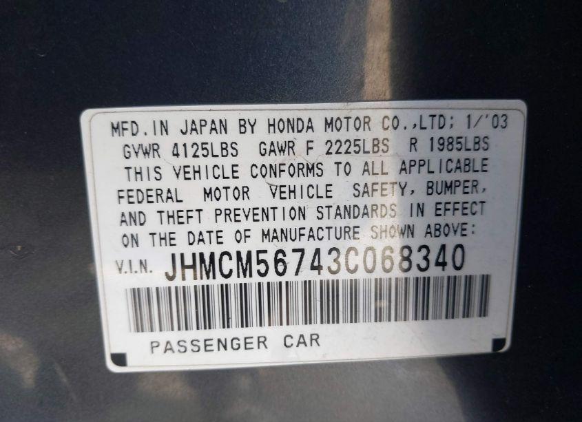 Photo 9 of 2003 Honda Accord 2.4 EX (VIN JHMCM56743C068340)