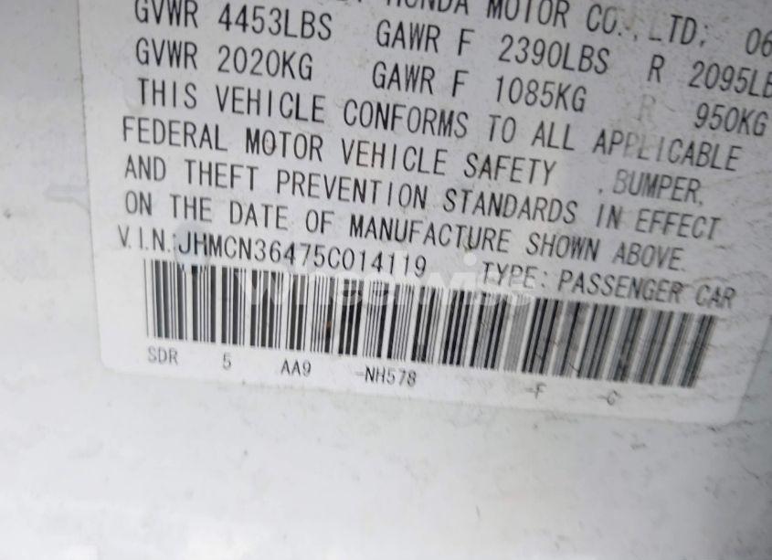 Photo 9 of 2005 Honda Accord HYBRID IMA (VIN JHMCN36475C014119)