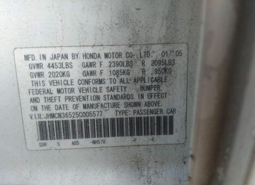 Photo 9 of 2005 Honda Accord HYBRID IMA (VIN JHMCN36525C005577)