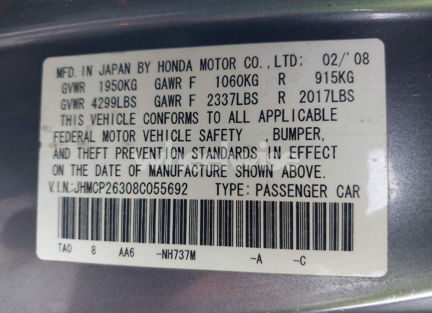 Photo 9 of 2008 Honda Accord 2.4 LX (VIN JHMCP26308C055692)