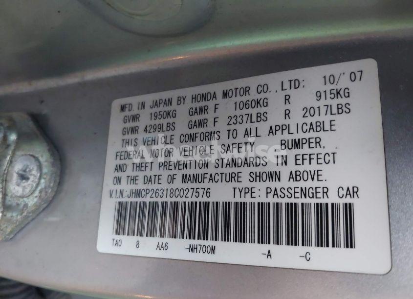Photo 9 of 2008 Honda Accord 2.4 LX (VIN JHMCP26318C027576)