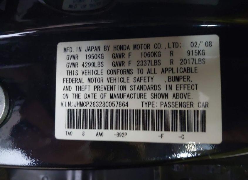 Photo 9 of 2008 Honda Accord 2.4 LX (VIN JHMCP26328C057864)