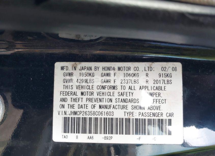 Photo 9 of 2008 Honda Accord 2.4 LX (VIN JHMCP26358C061603)