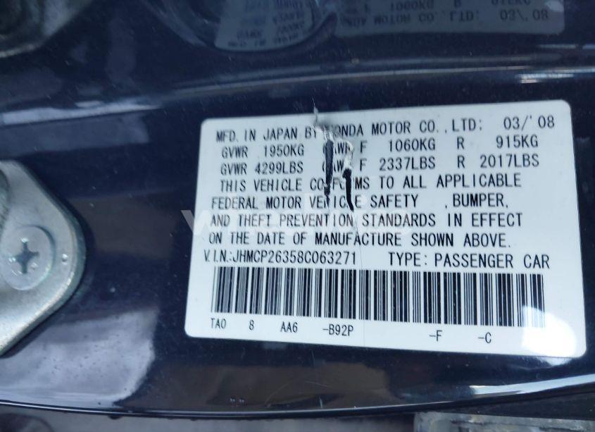 Photo 9 of 2008 Honda Accord 2.4 LX (VIN JHMCP26358C063271)