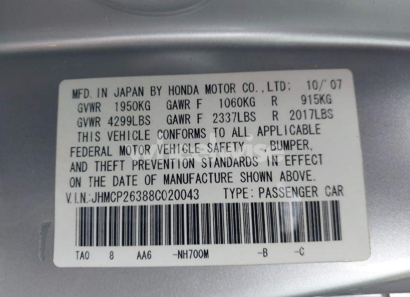 Photo 9 of 2008 Honda Accord 2.4 LX (VIN JHMCP26388C020043)