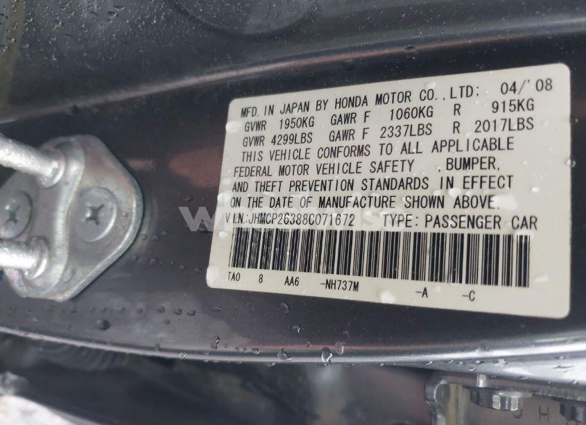 Photo 9 of 2008 Honda Accord 2.4 LX (VIN JHMCP26388C071672)