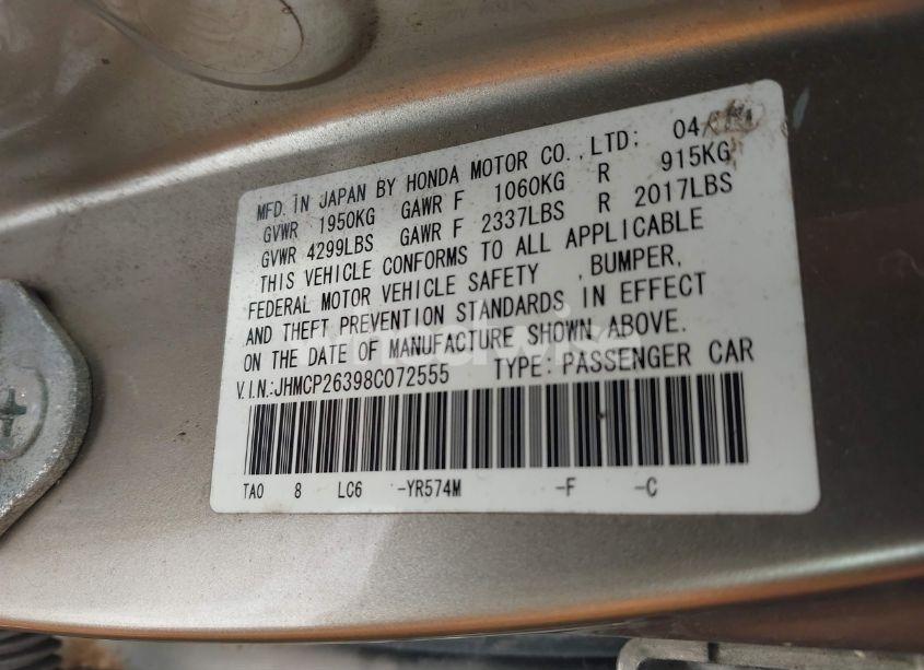 Photo 9 of 2008 Honda Accord 2.4 LX (VIN JHMCP26398C072555)