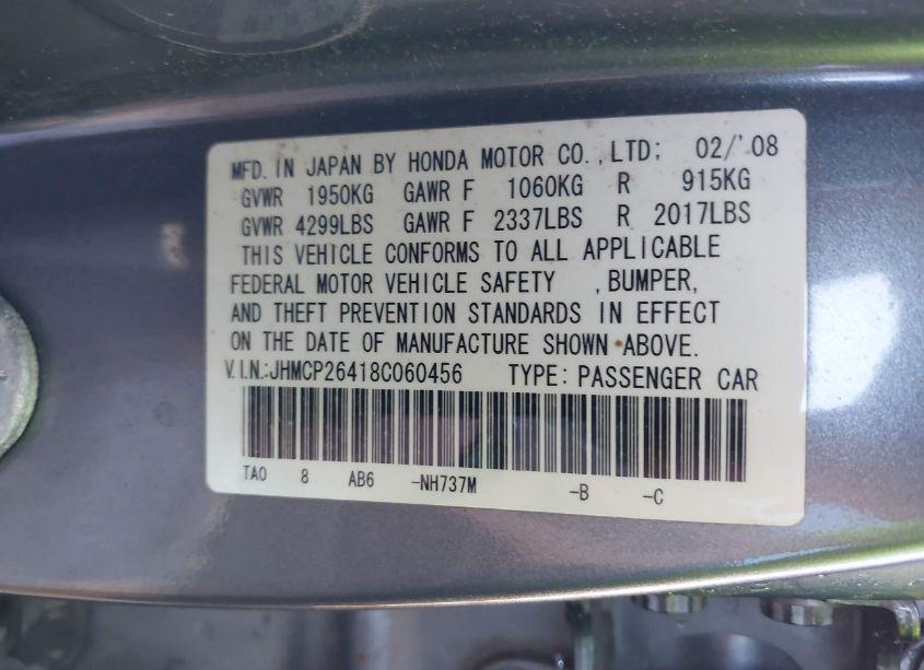 Photo 9 of 2008 Honda Accord 2.4 LX-P (VIN JHMCP26418C060456)