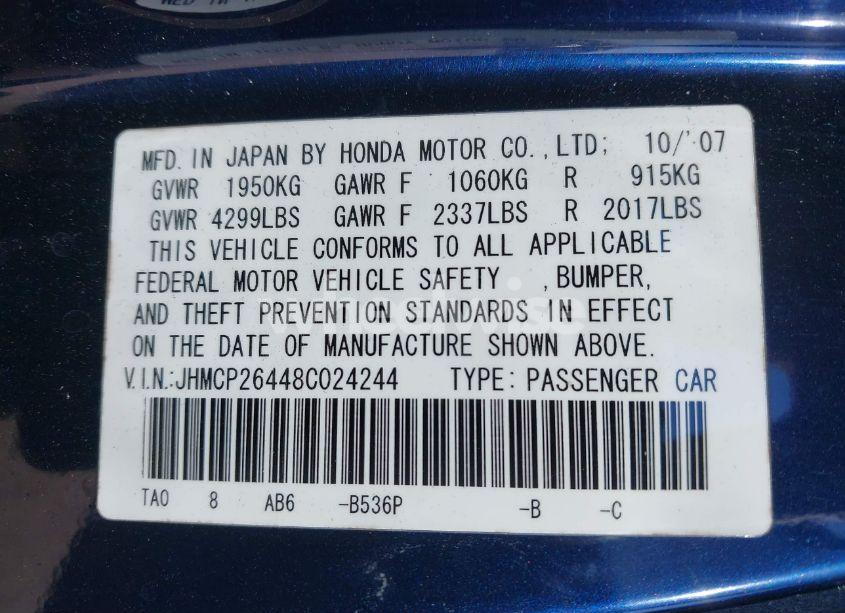 Photo 9 of 2008 Honda Accord 2.4 LX-P (VIN JHMCP26448C024244)