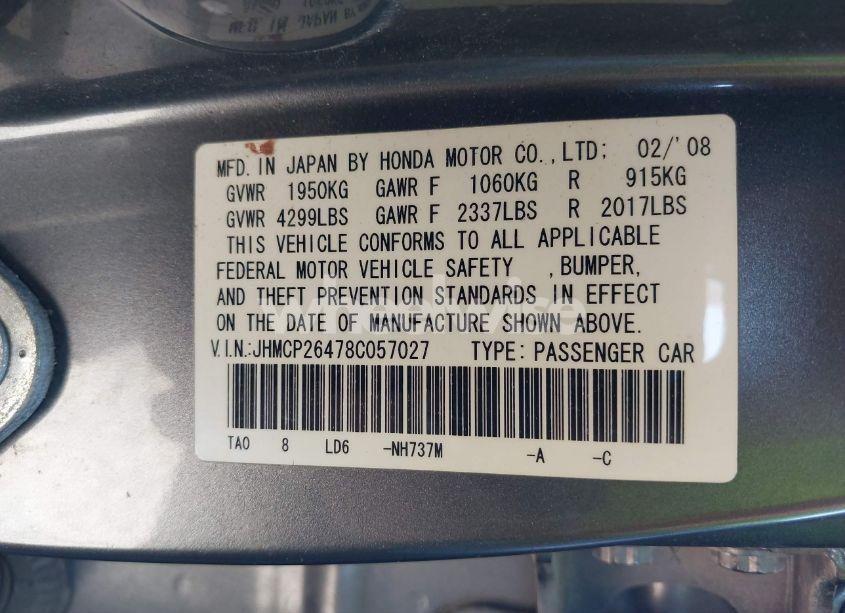 Photo 9 of 2008 Honda Accord 2.4 LX-P (VIN JHMCP26478C057027)