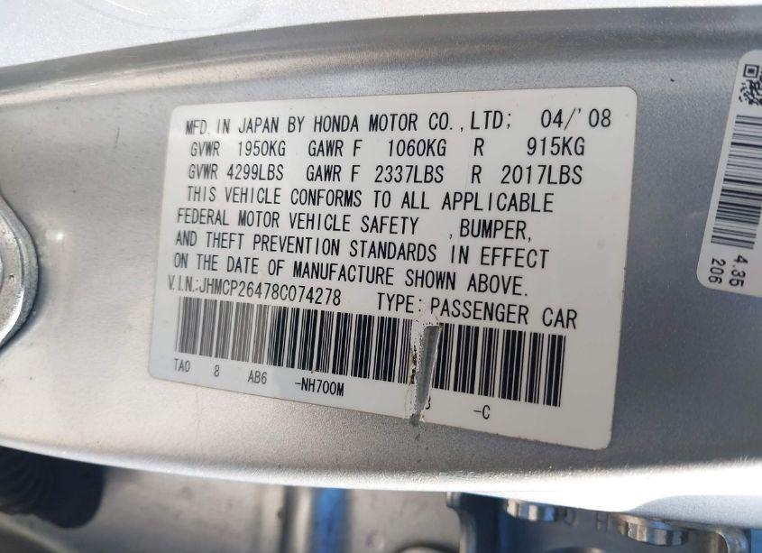 Photo 9 of 2008 Honda Accord 2.4 LX-P (VIN JHMCP26478C074278)