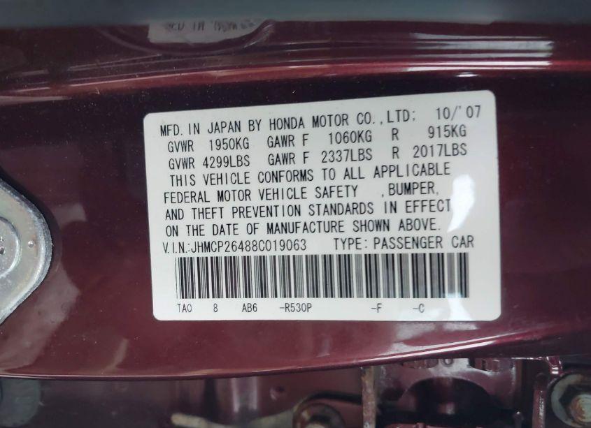 Photo 9 of 2008 Honda Accord 2.4 LX-P (VIN JHMCP26488C019063)